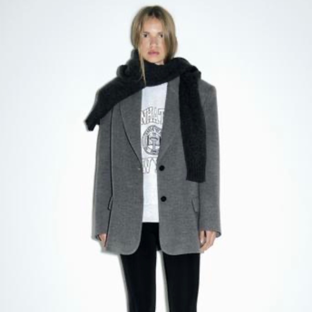 Zara Straight Cut Shoulder Pad Blazer Gray Size L